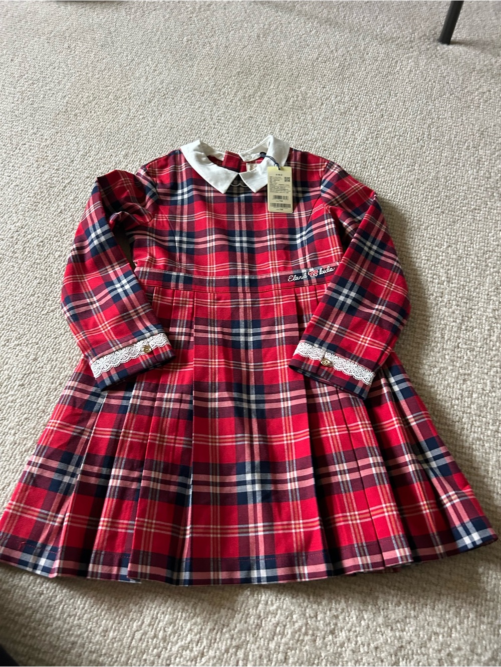 E-Land Kids Red Plaid Dress with White Peter Pan Collar